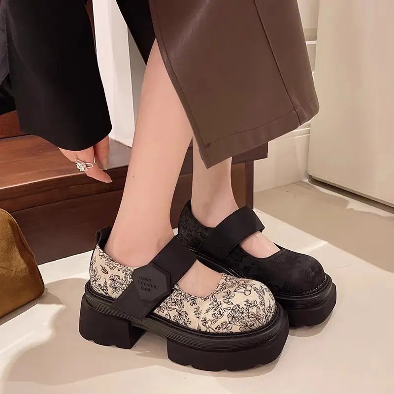 Guofeng Women's Printed Mary Jane Thick Heel Loafers