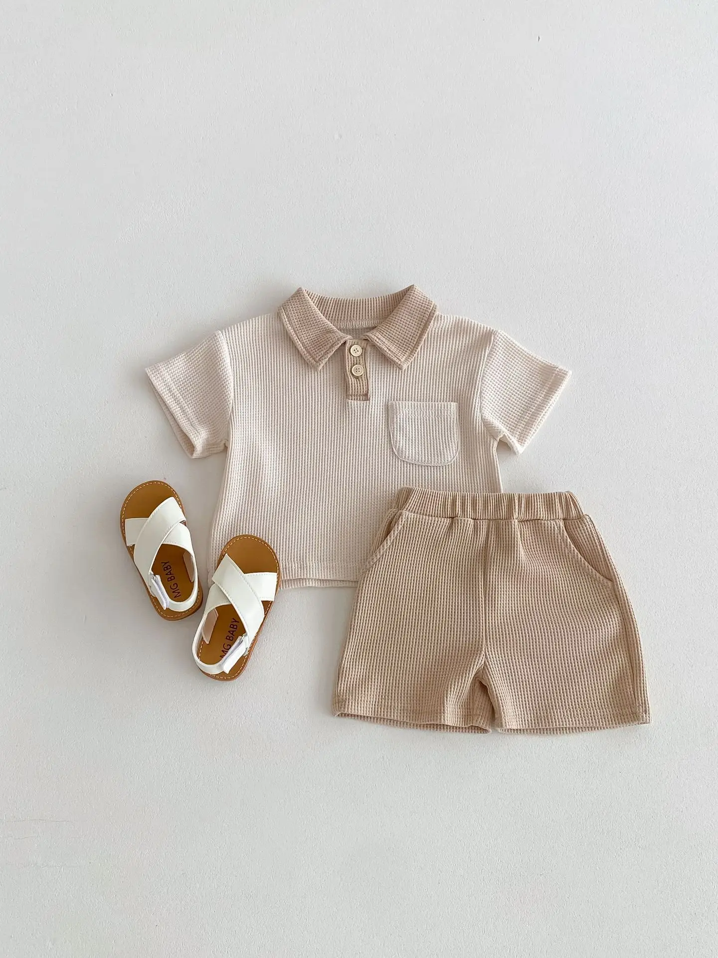 Korean New Boys' Summer Casual Suit Waffle Small Lapel Short-Sleeved T-Shirt Shorts Two-Piece Set — feature 12