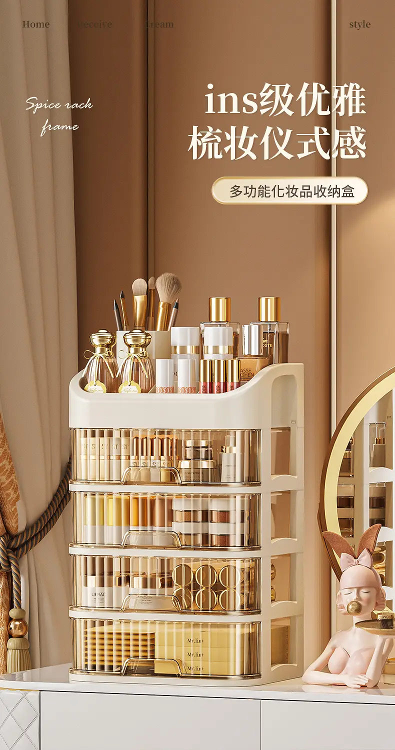 Golden Layered Makeup Storage Rack for Vanity — feature 1