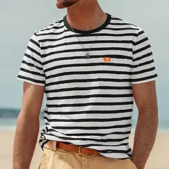 Men Striped T-Shirt Black White Round Neck Summer Casual - Image 7