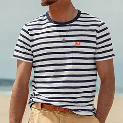 Men Striped T-Shirt Black White Round Neck Summer Casual - Image 8
