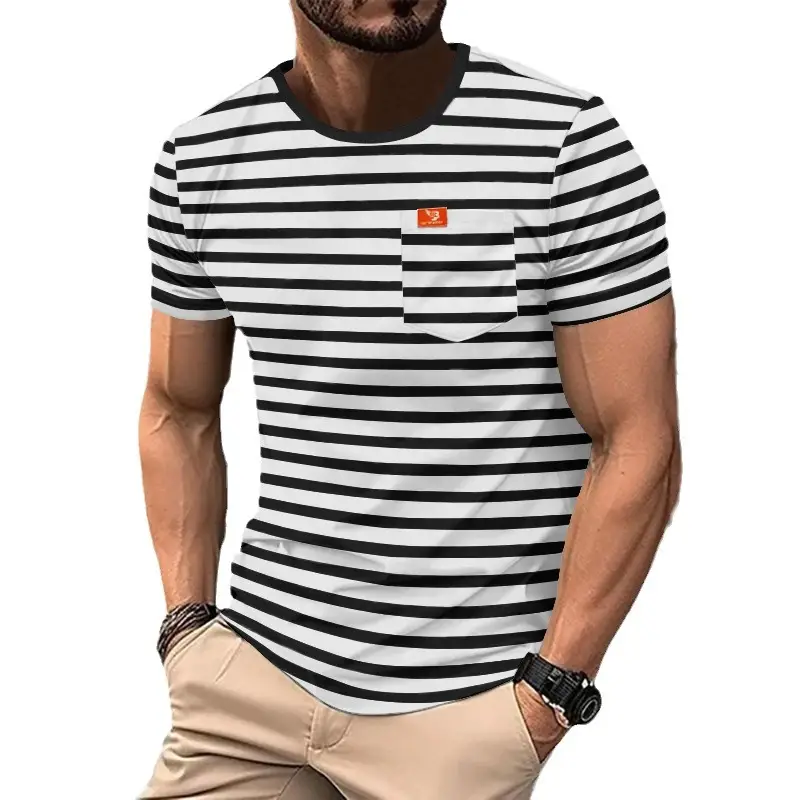 Men Striped T-Shirt Black White Round Neck Summer Casual - Image 9