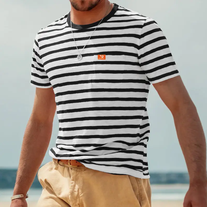 Men Striped T-Shirt Black White Round Neck Summer Casual — feature 12