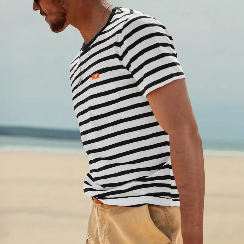 Men Striped T-Shirt Black White Round Neck Summer Casual — feature 13