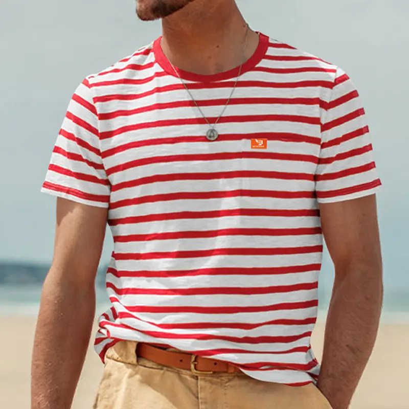 Men Striped T-Shirt Black White Round Neck Summer Casual — feature 20