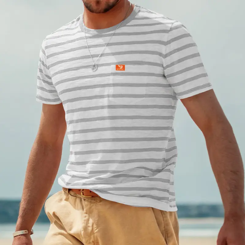 Men Striped T-Shirt Black White Round Neck Summer Casual — feature 28