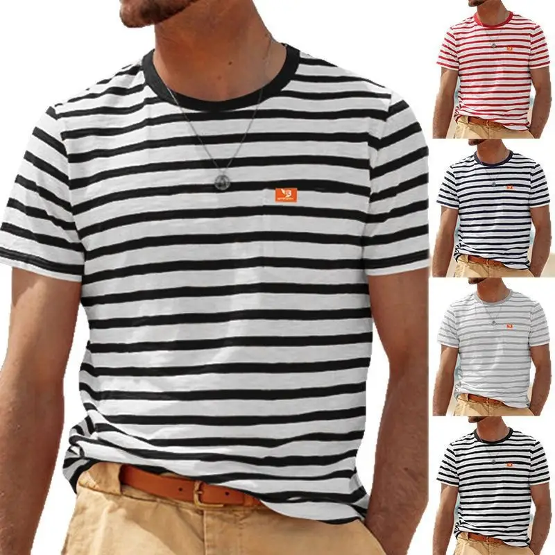 Men Striped T-Shirt Black White Round Neck Summer Casual — feature 3