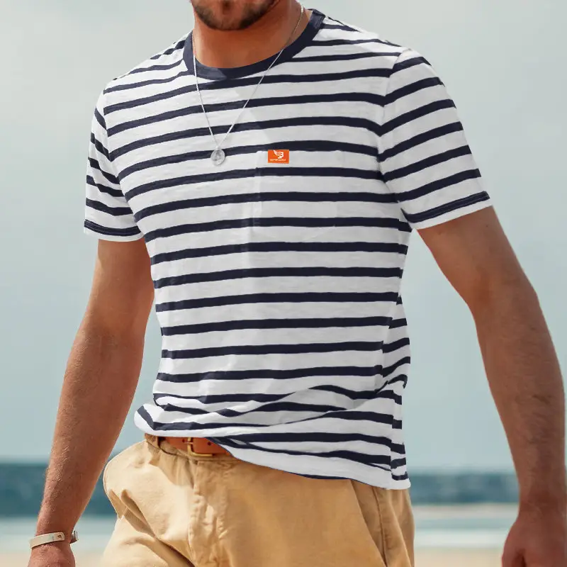 Men Striped T-Shirt Black White Round Neck Summer Casual — feature 4