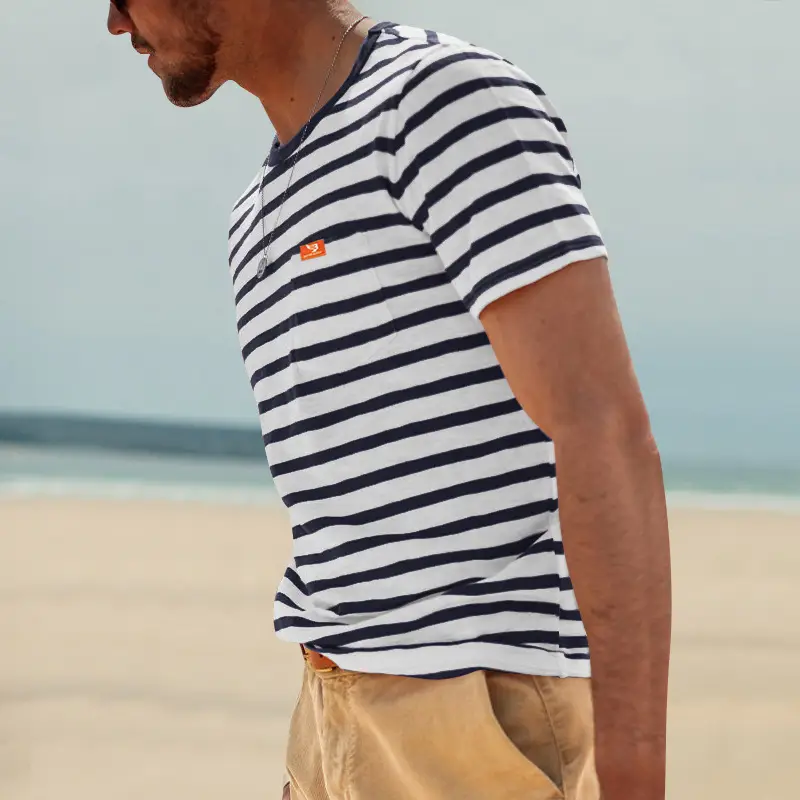 Men Striped T-Shirt Black White Round Neck Summer Casual — feature 6