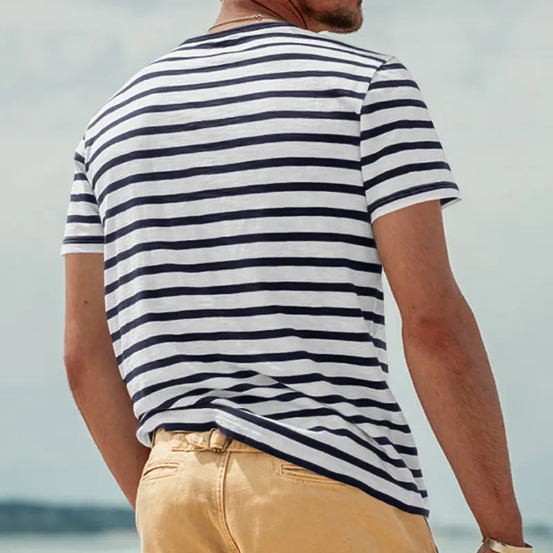 Men Striped T-Shirt Black White Round Neck Summer Casual — feature 7