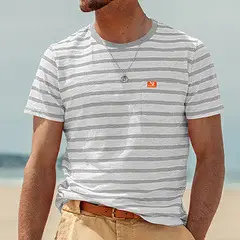 Men Striped T-Shirt Black White Round Neck Summer Casual - Image 2