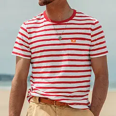 Men Striped T-Shirt Black White Round Neck Summer Casual - Image 3