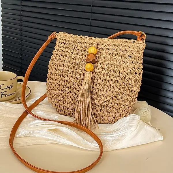 Bohemian Straw Tassel Shoulder Bag Brown 2026