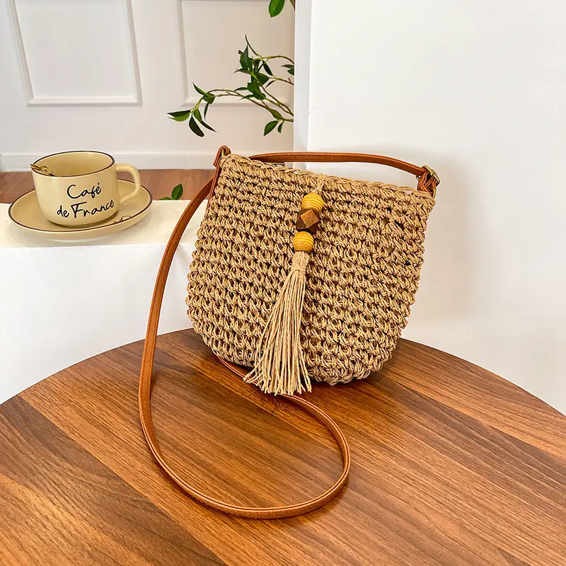 Bohemian Straw Tassel Shoulder Bag Brown 2026