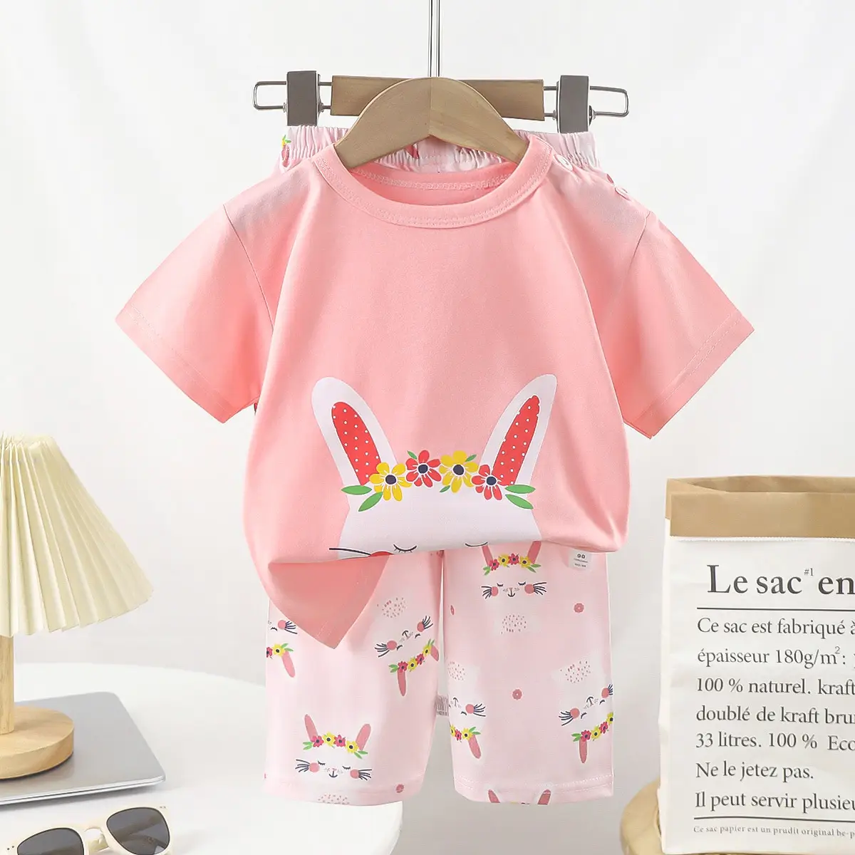 Pink Bunny Print Boys Summer Cotton Pajamas Set - Image 15