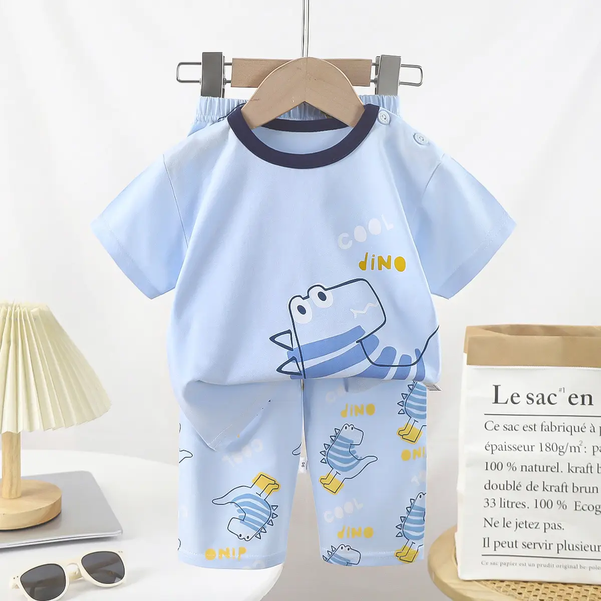Pink Bunny Print Boys Summer Cotton Pajamas Set - Image 3