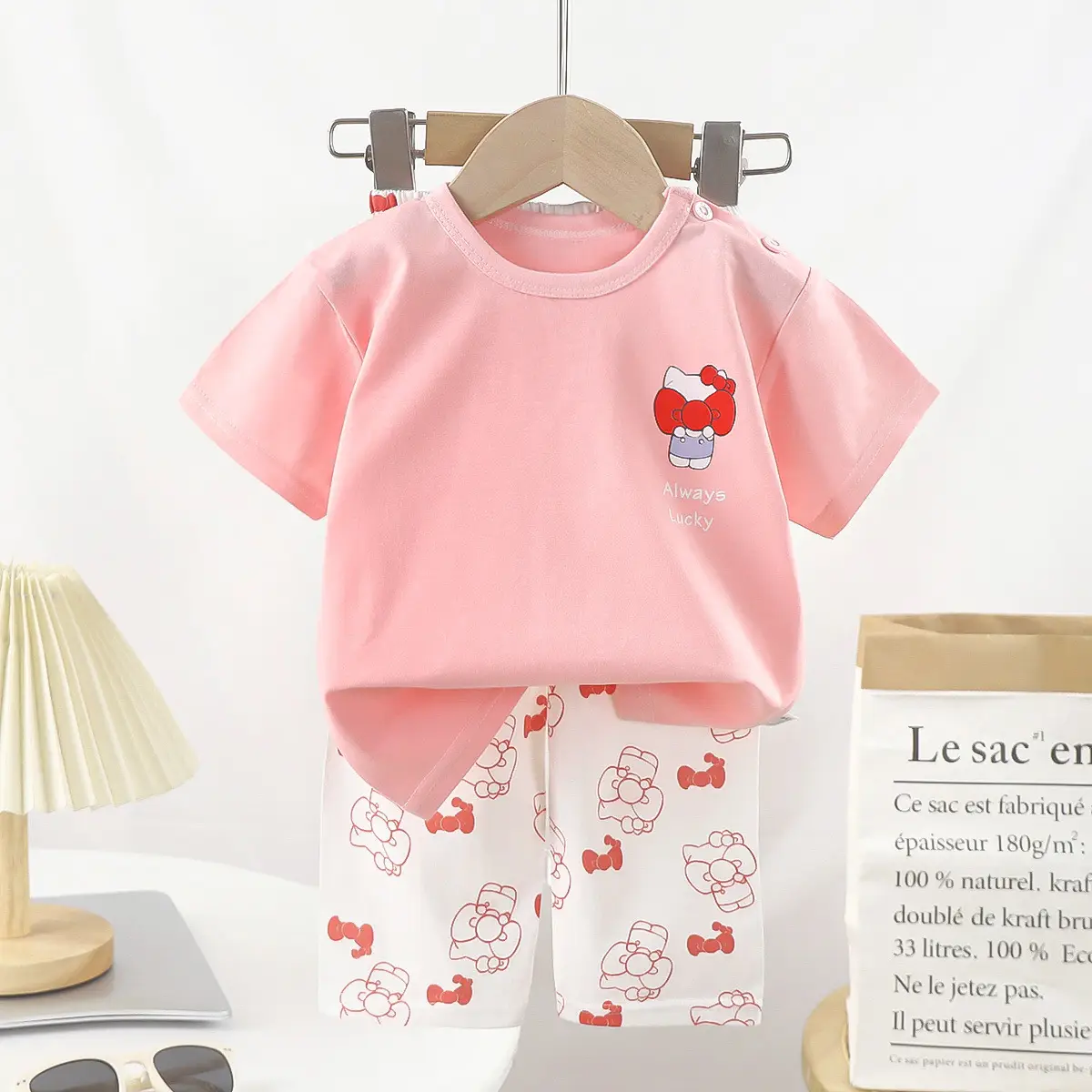 Pink Bunny Print Boys Summer Cotton Pajamas Set - Image 4