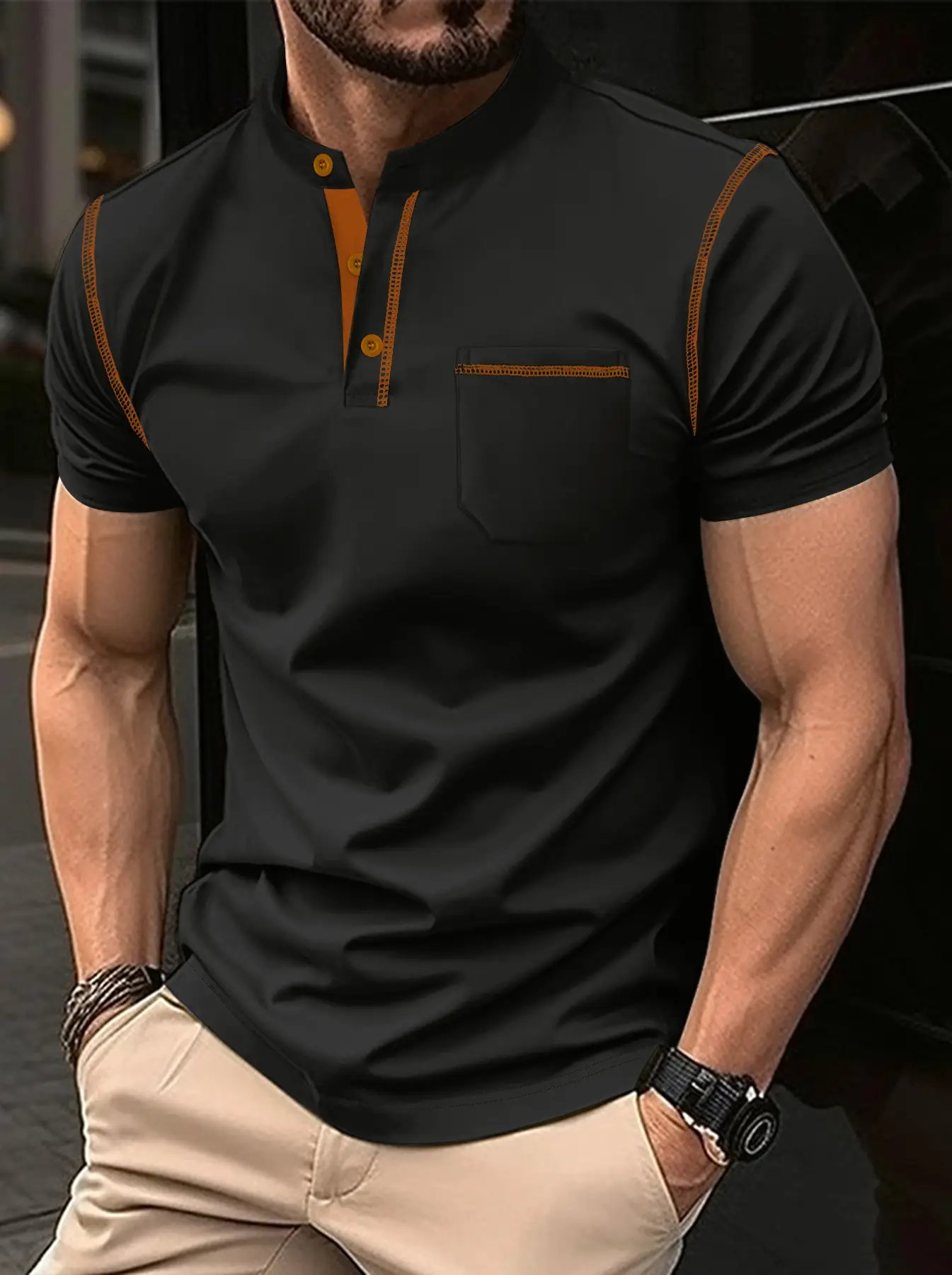 Men Button Polo Shirt Light Blue Short Sleeve Fitted Casual - Image 10
