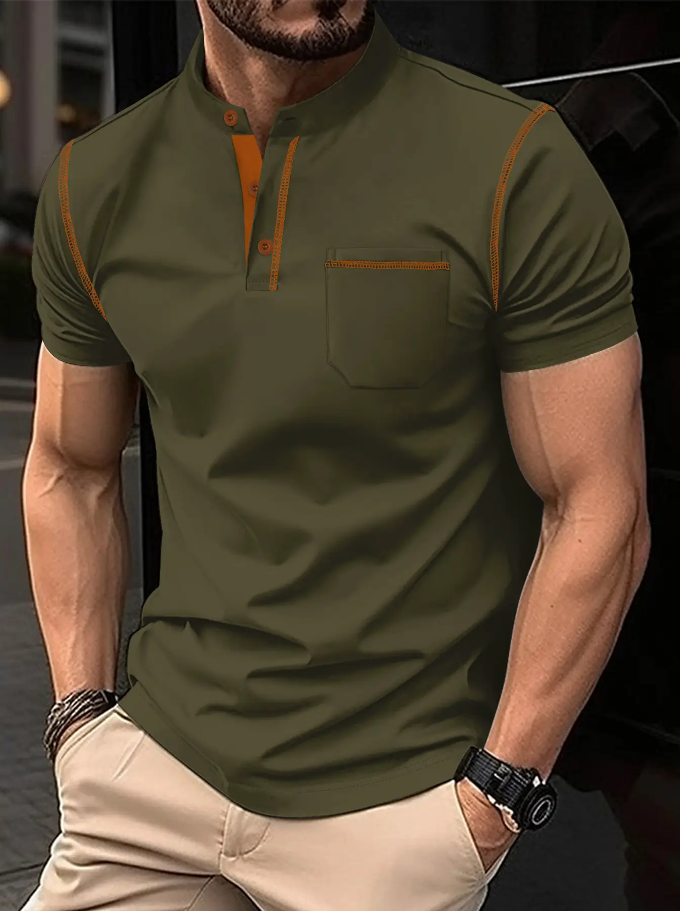 Men Button Polo Shirt Light Blue Short Sleeve Fitted Casual - Image 11