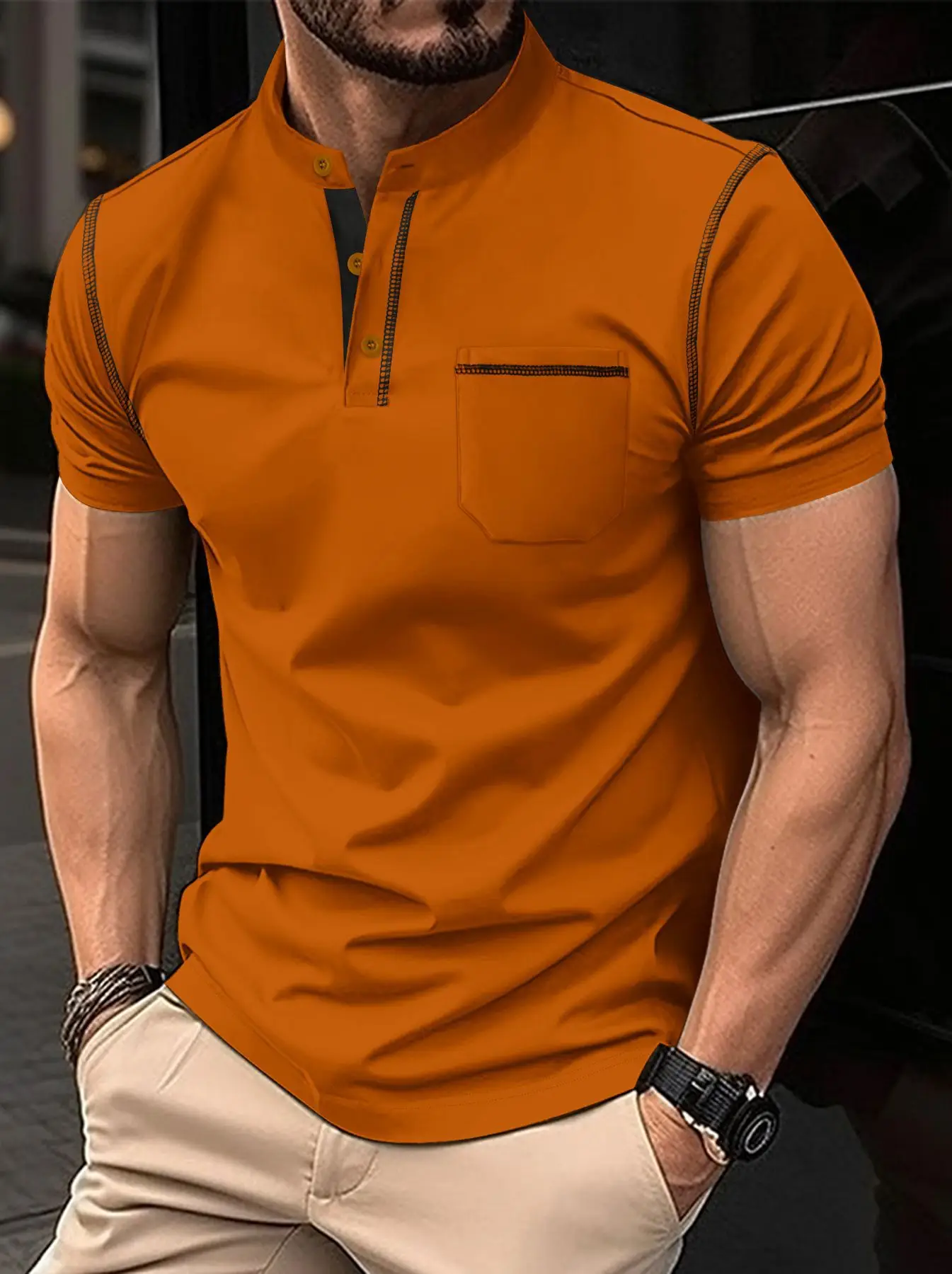 Men Button Polo Shirt Light Blue Short Sleeve Fitted Casual - Image 12