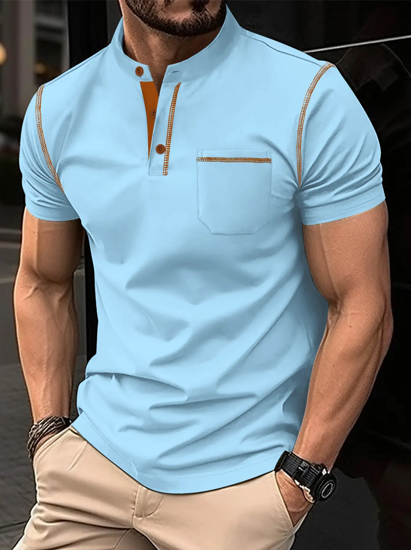 Men Button Polo Shirt Light Blue Short Sleeve Fitted Casual - Image 4