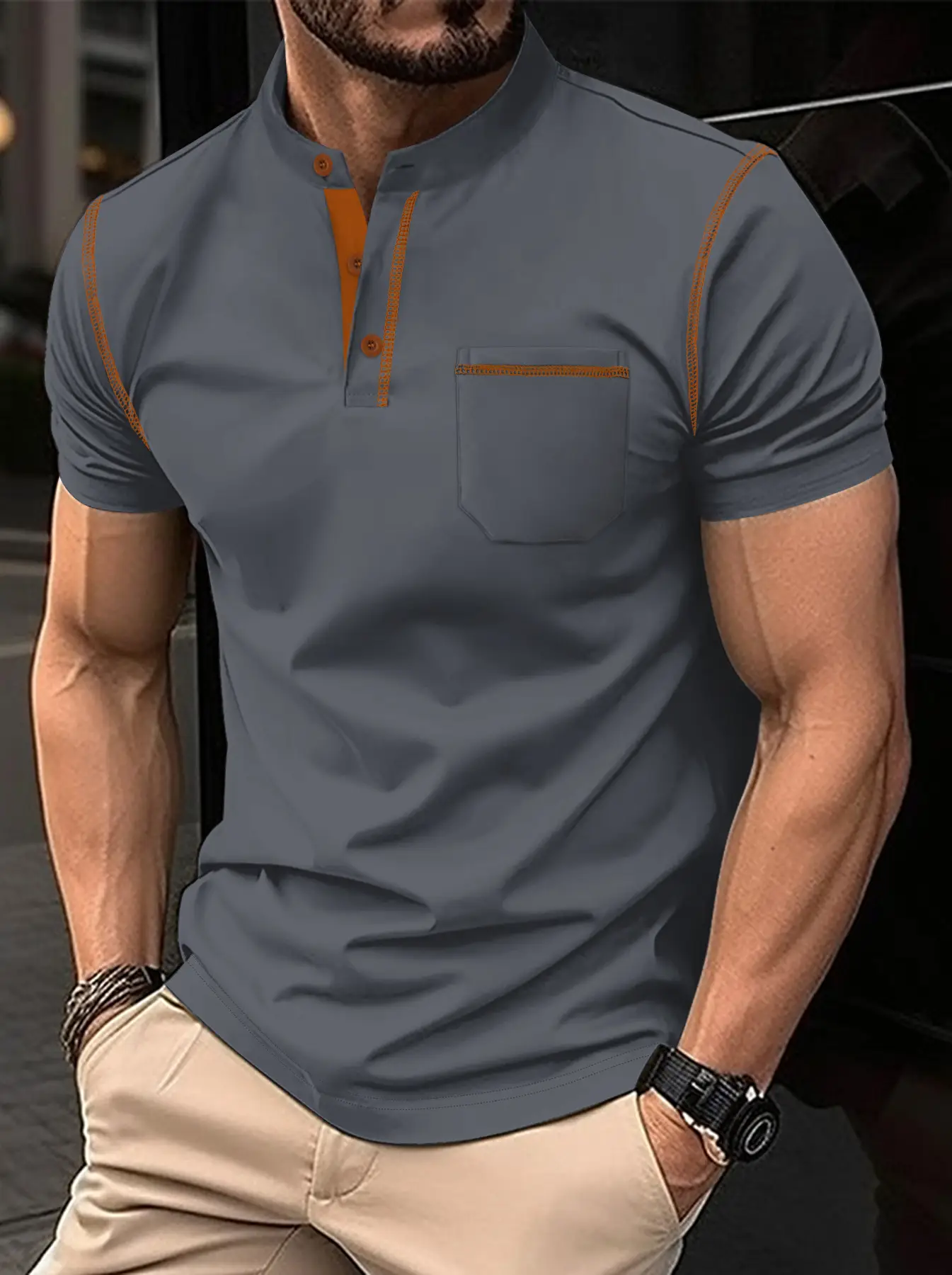 Men Button Polo Shirt Light Blue Short Sleeve Fitted Casual - Image 6