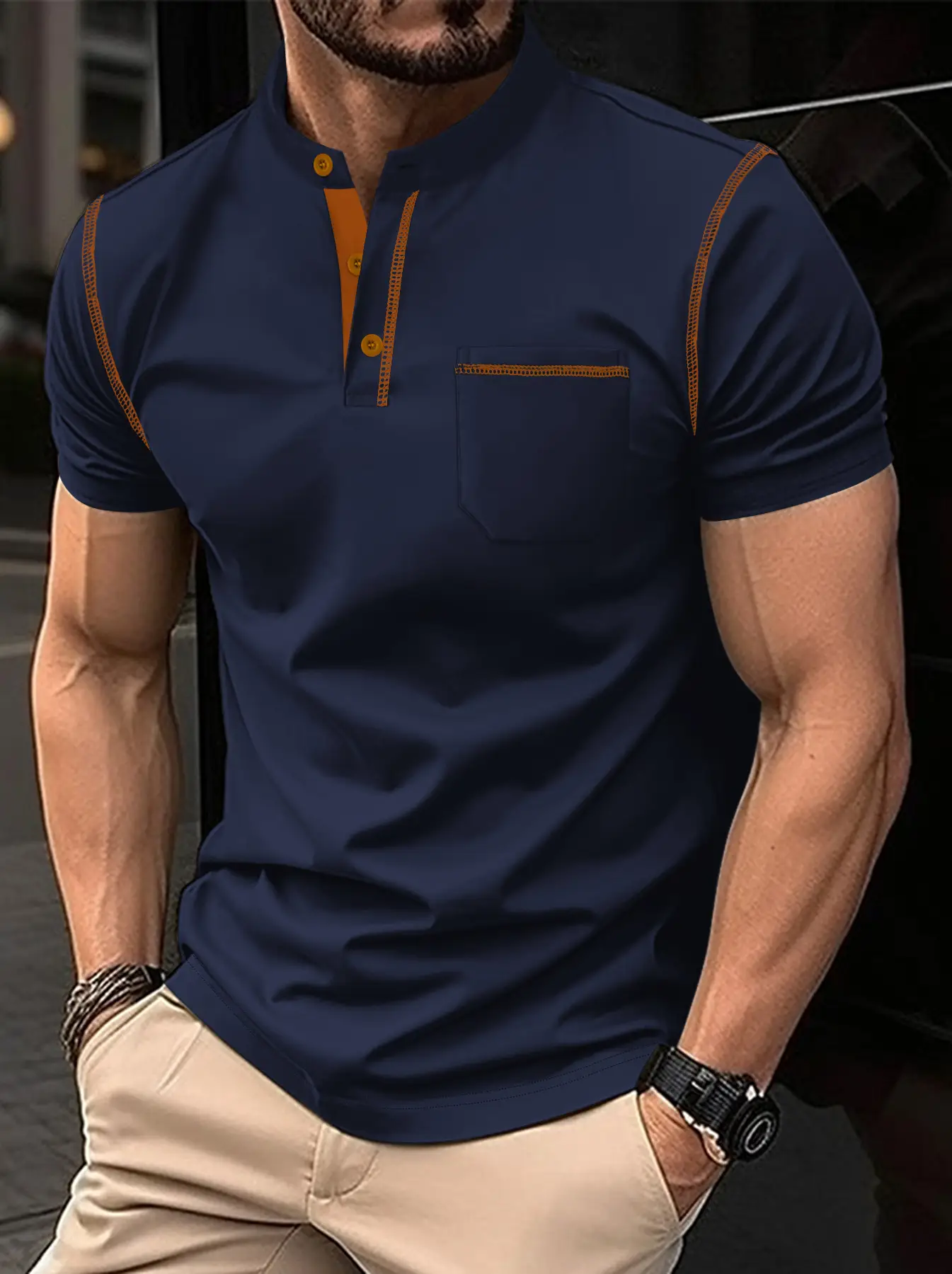 Men Button Polo Shirt Light Blue Short Sleeve Fitted Casual - Image 7