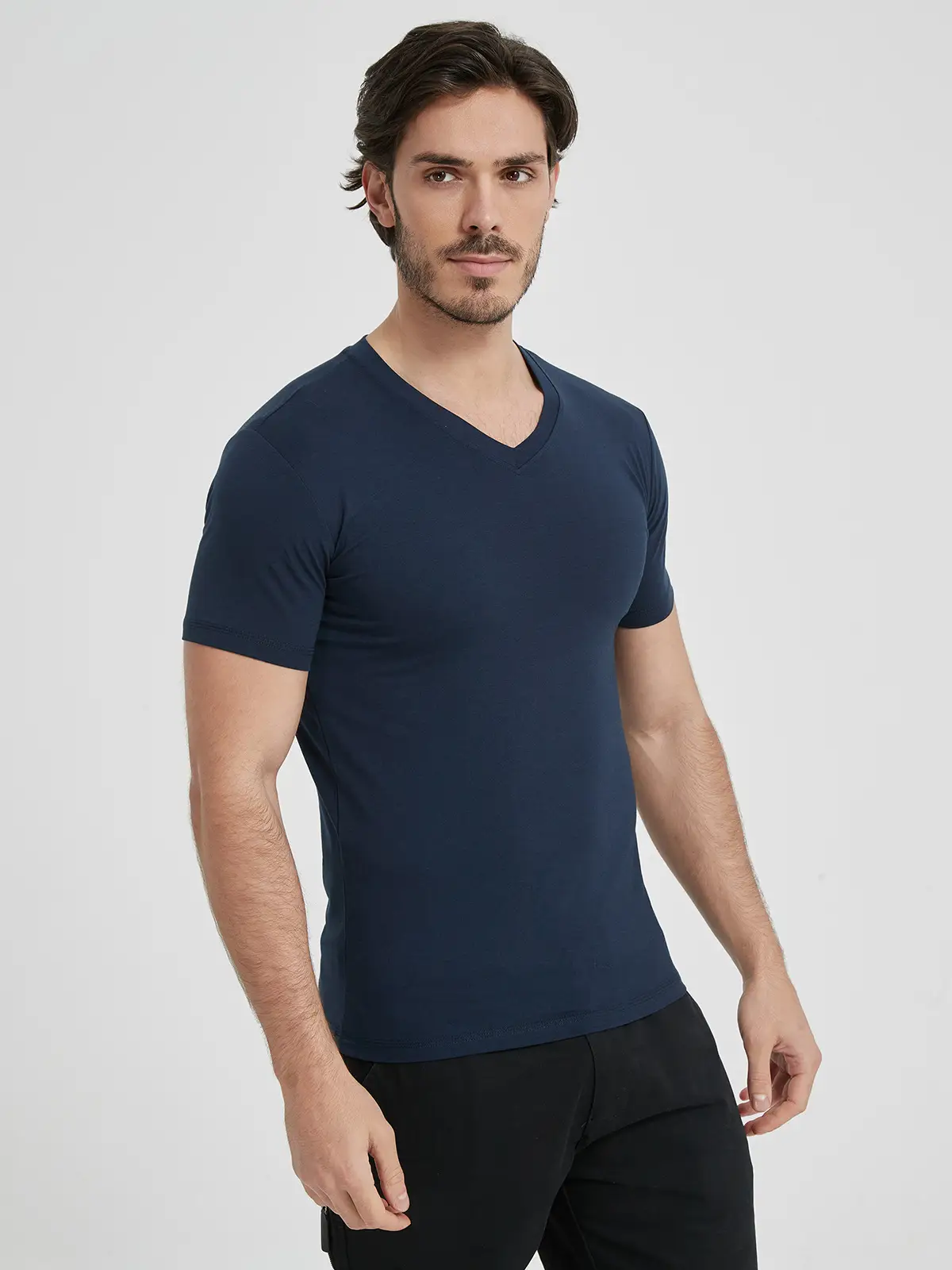 Men V-Neck Slim Fit T-Shirt Navy Blue Summer