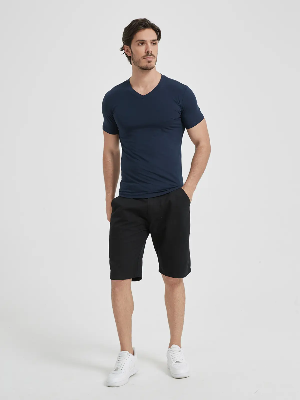 Men V-Neck Slim Fit T-Shirt Navy Blue Summer