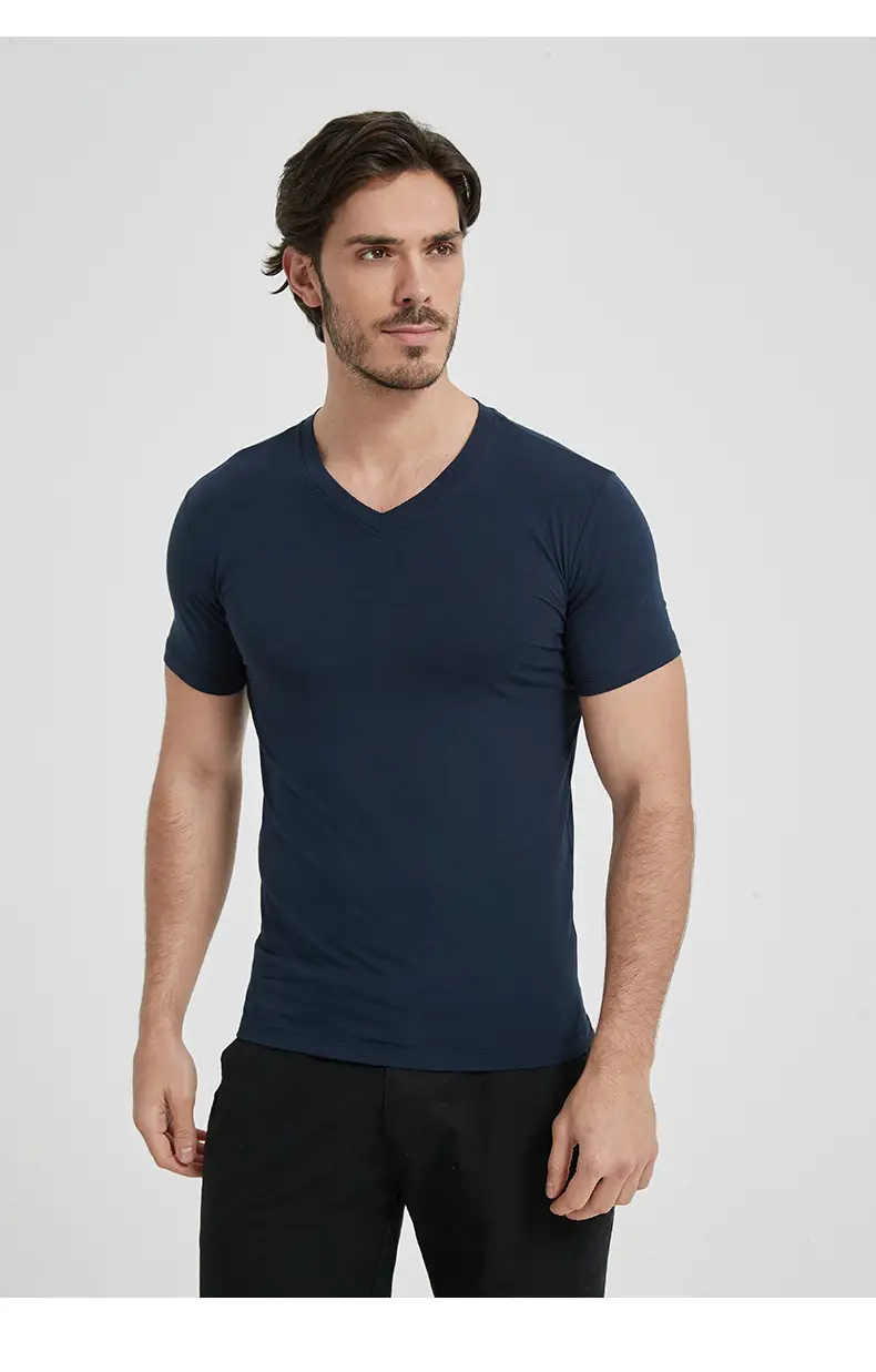 Men V-Neck Slim Fit T-Shirt Navy Blue Summer — feature 10
