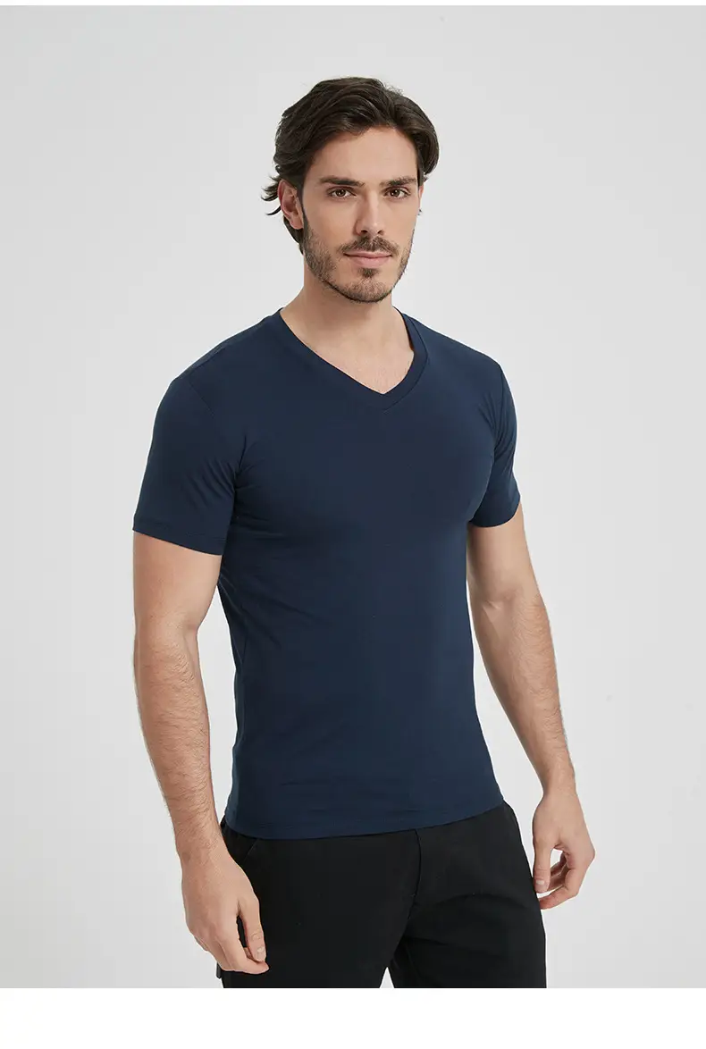 Men V-Neck Slim Fit T-Shirt Navy Blue Summer — feature 11