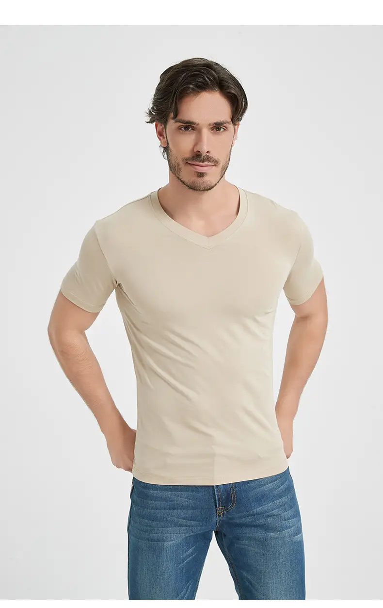 Men V-Neck Slim Fit T-Shirt Navy Blue Summer — feature 15