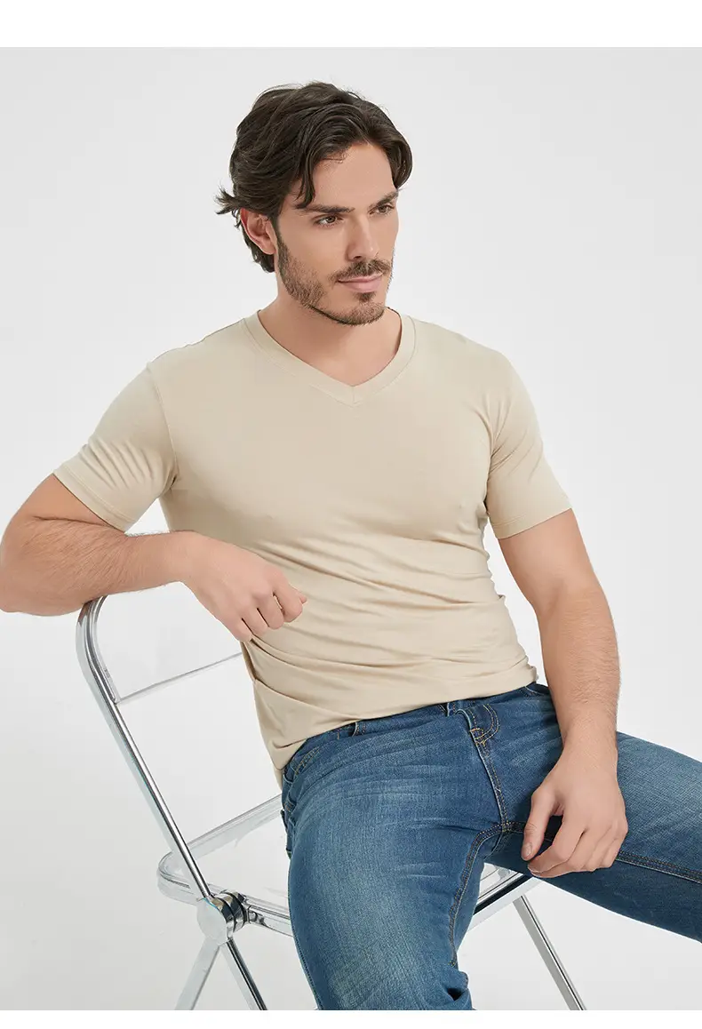 Men V-Neck Slim Fit T-Shirt Navy Blue Summer — feature 17