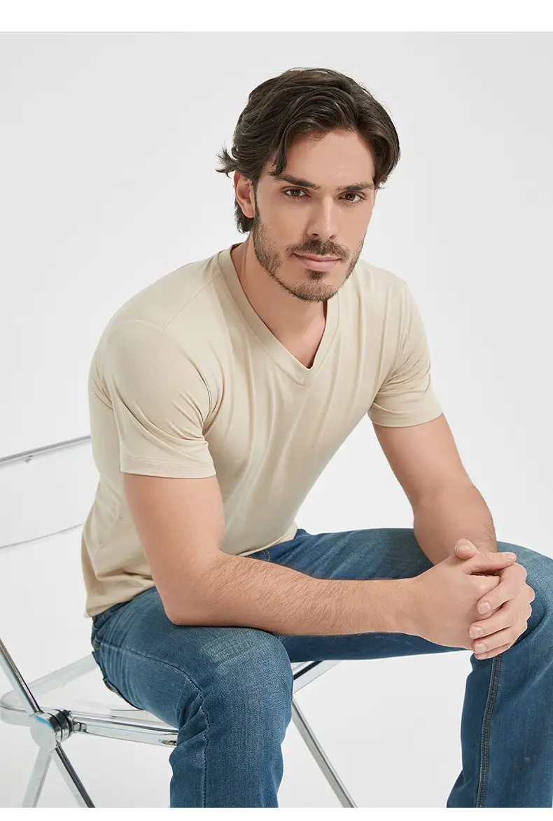 Men V-Neck Slim Fit T-Shirt Navy Blue Summer — feature 18