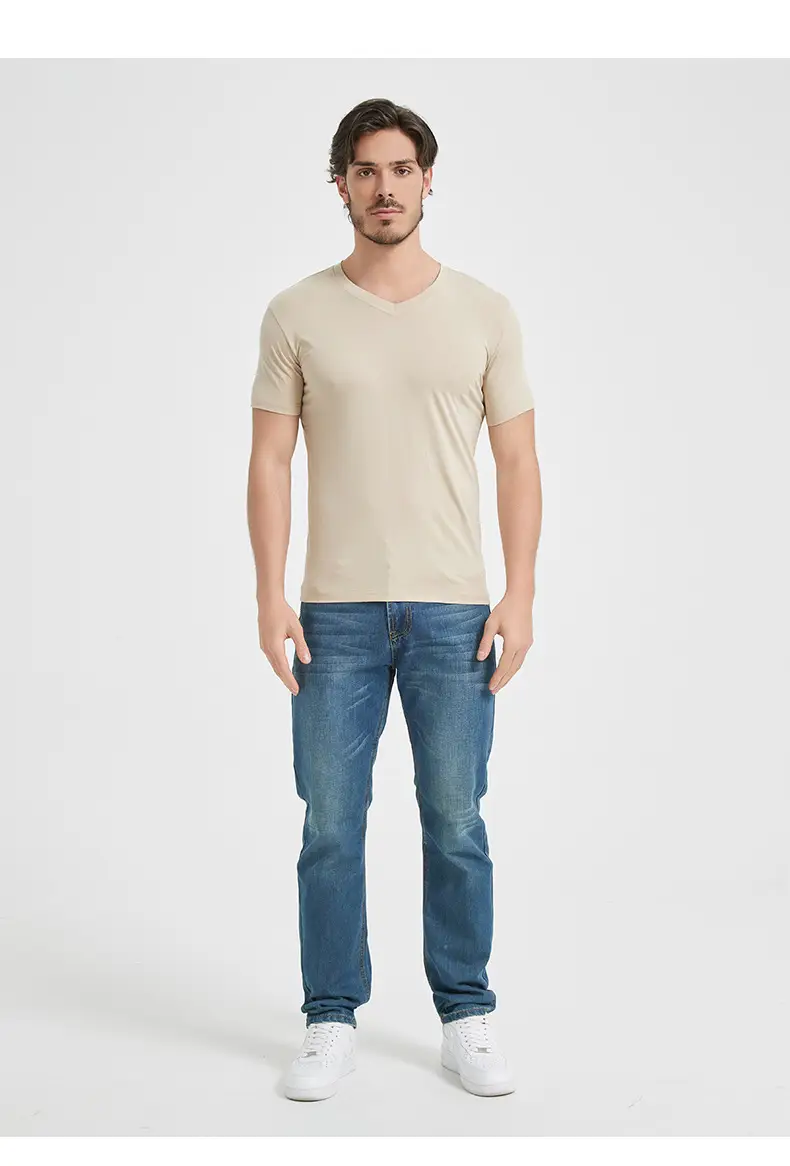Men V-Neck Slim Fit T-Shirt Navy Blue Summer — feature 19