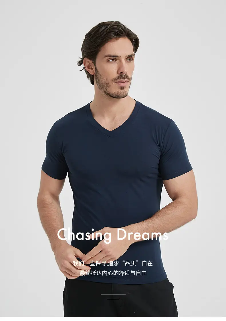 Men V-Neck Slim Fit T-Shirt Navy Blue Summer — feature 3