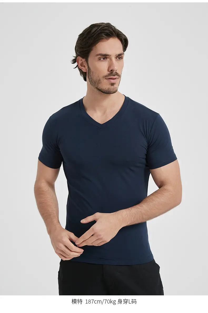 Men V-Neck Slim Fit T-Shirt Navy Blue Summer — feature 9
