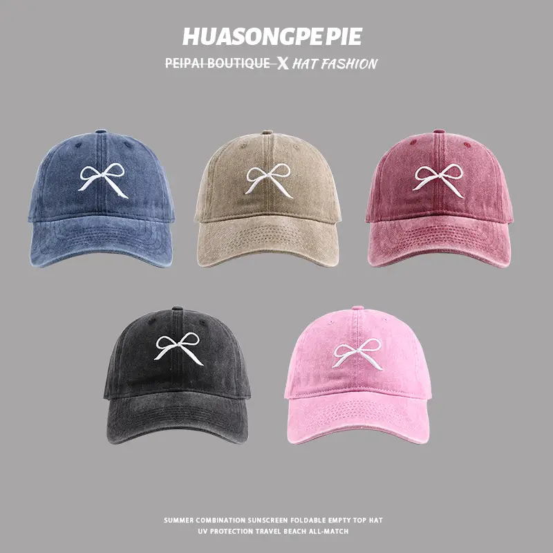 Washed Denim Bow Cap Women Big Head Wide Brim - Image 7