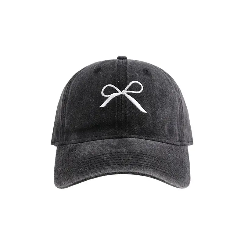 Washed Denim Bow Cap Women Big Head Wide Brim - Image 10