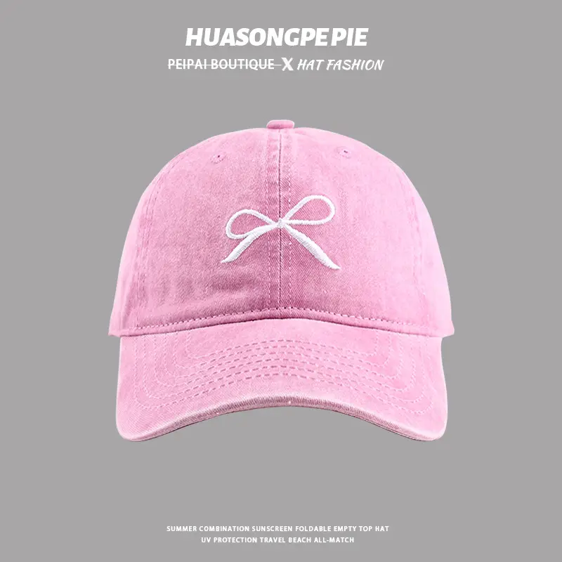 Washed Denim Bow Cap Women Big Head Wide Brim — feature 6