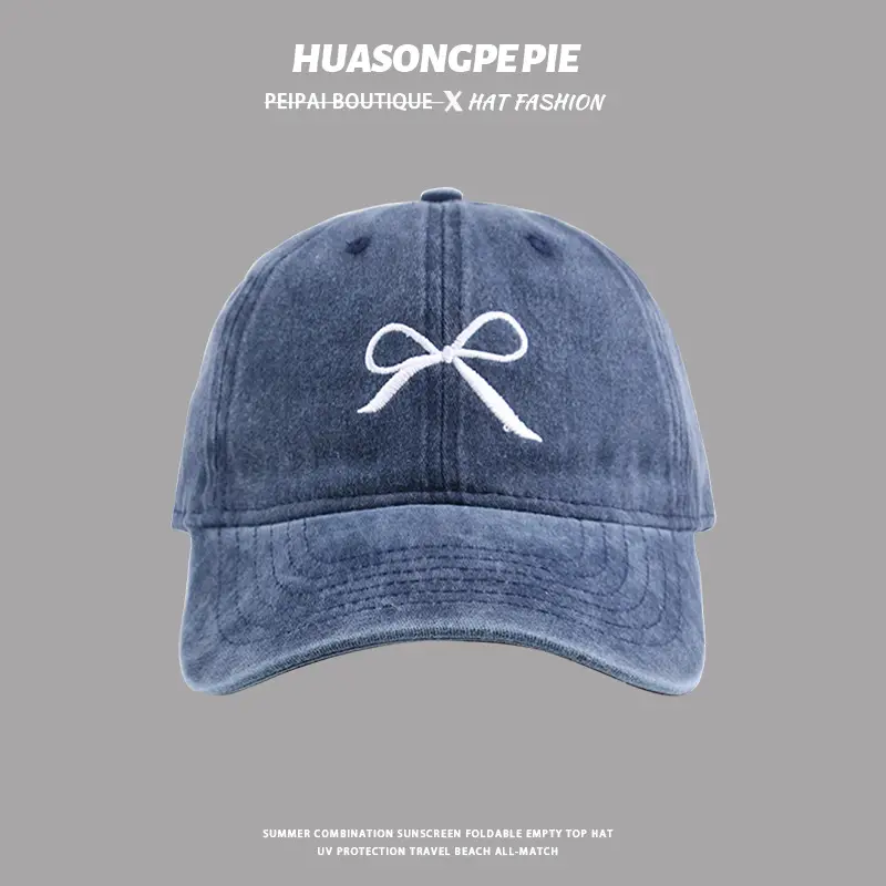 Washed Denim Bow Cap Women Big Head Wide Brim - Image 3