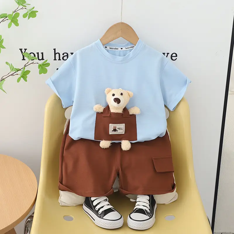 Boys Cartoon Bear T-Shirt Shorts 2024 Set - Image 2