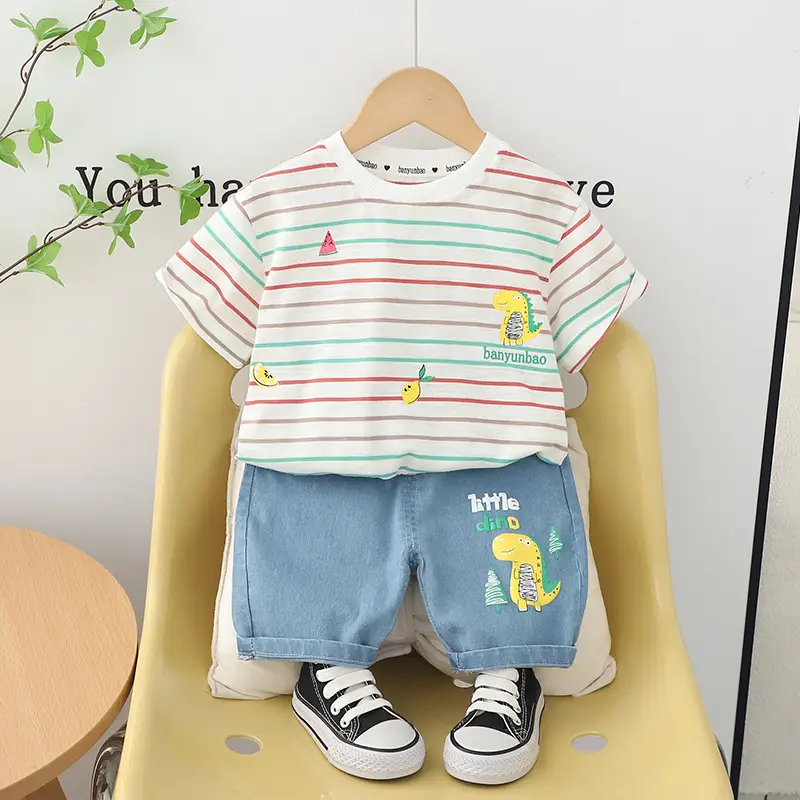Children Cotton Striped T-Shirt Shorts 2024 Set - Image 2