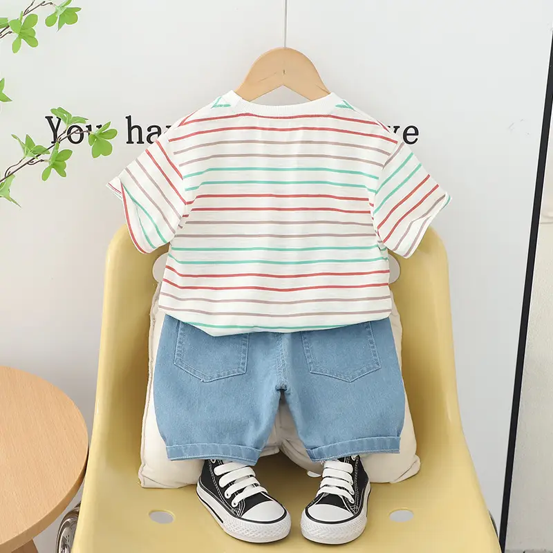 Children Cotton Striped T-Shirt Shorts 2024 Set - Image 4