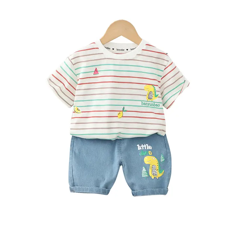 Children Cotton Striped T-Shirt Shorts 2024 Set - Image 5