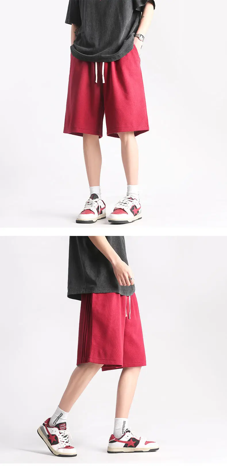 Men's Red Drawstring Shorts Summer Loose Fit — feature 7