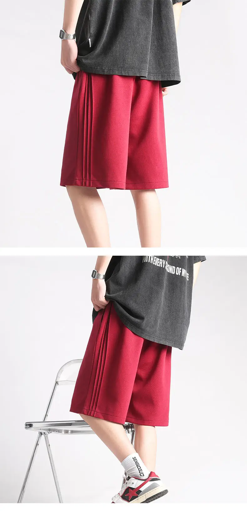 Men's Red Drawstring Shorts Summer Loose Fit — feature 8
