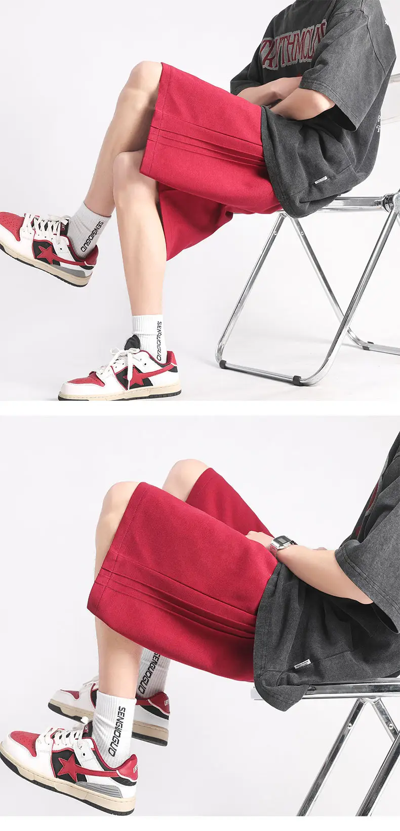 Men's Red Drawstring Shorts Summer Loose Fit — feature 9