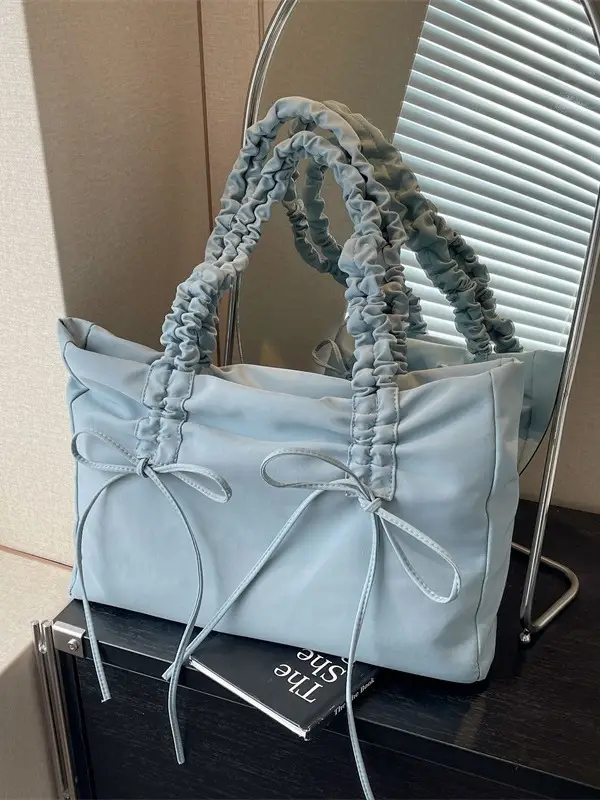 Black Pleated Canvas Shoulder Bag for Women - Image 8