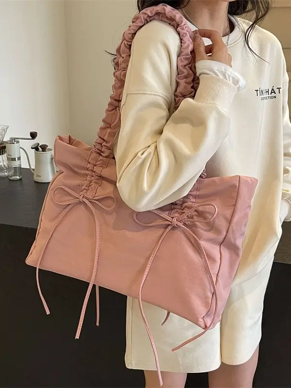 Black Pleated Canvas Shoulder Bag for Women - Image 9